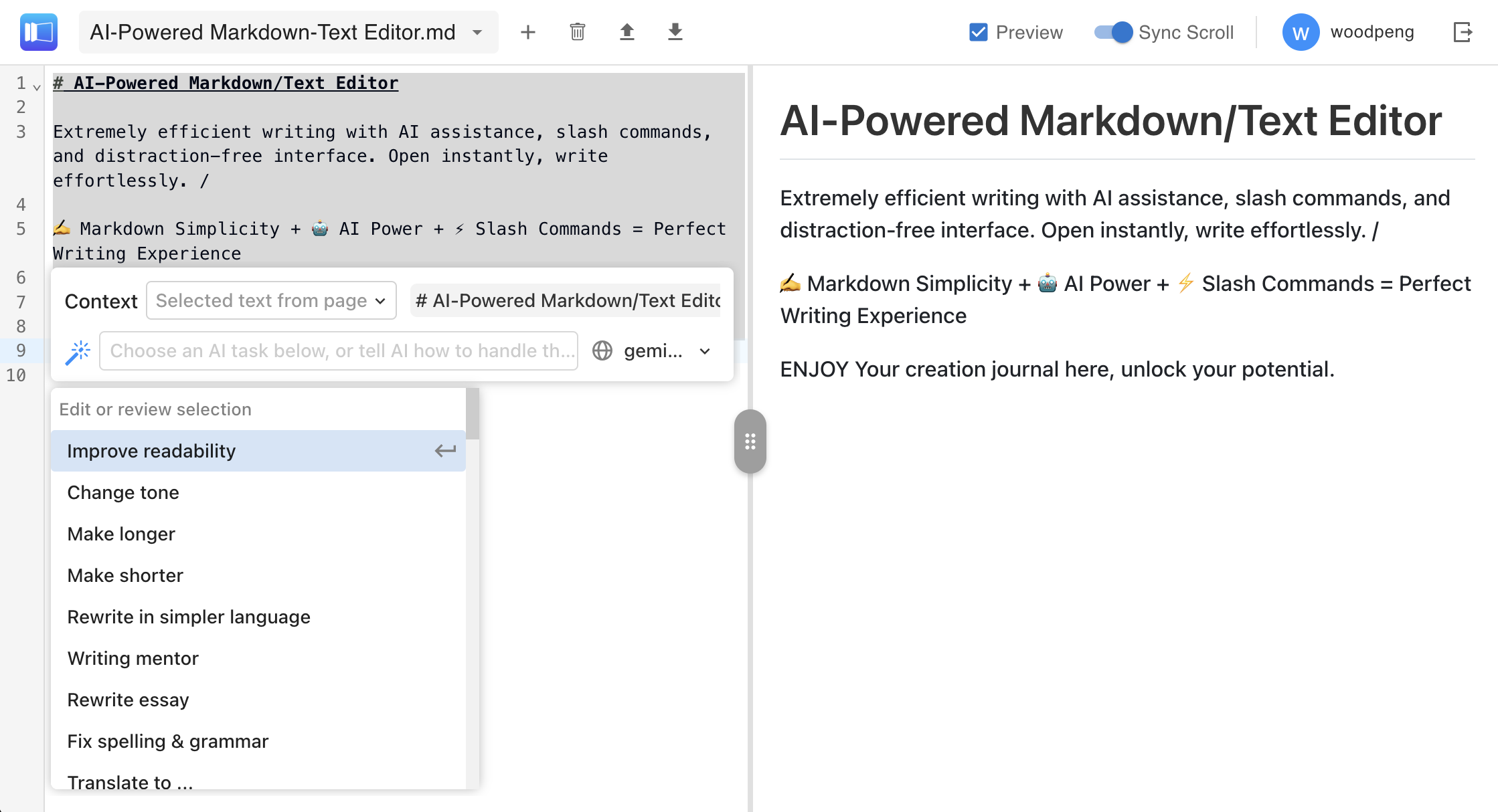 AI writing assistant for markdown content generation and optimization