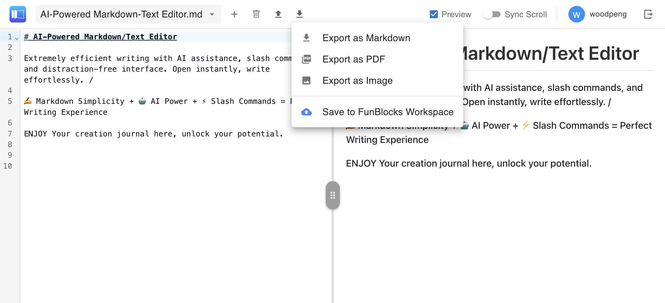 Markdown preview and export features
