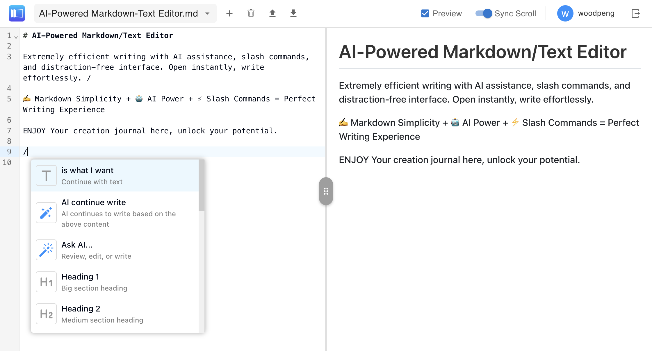 Notion-style slash commands for efficient markdown editing
